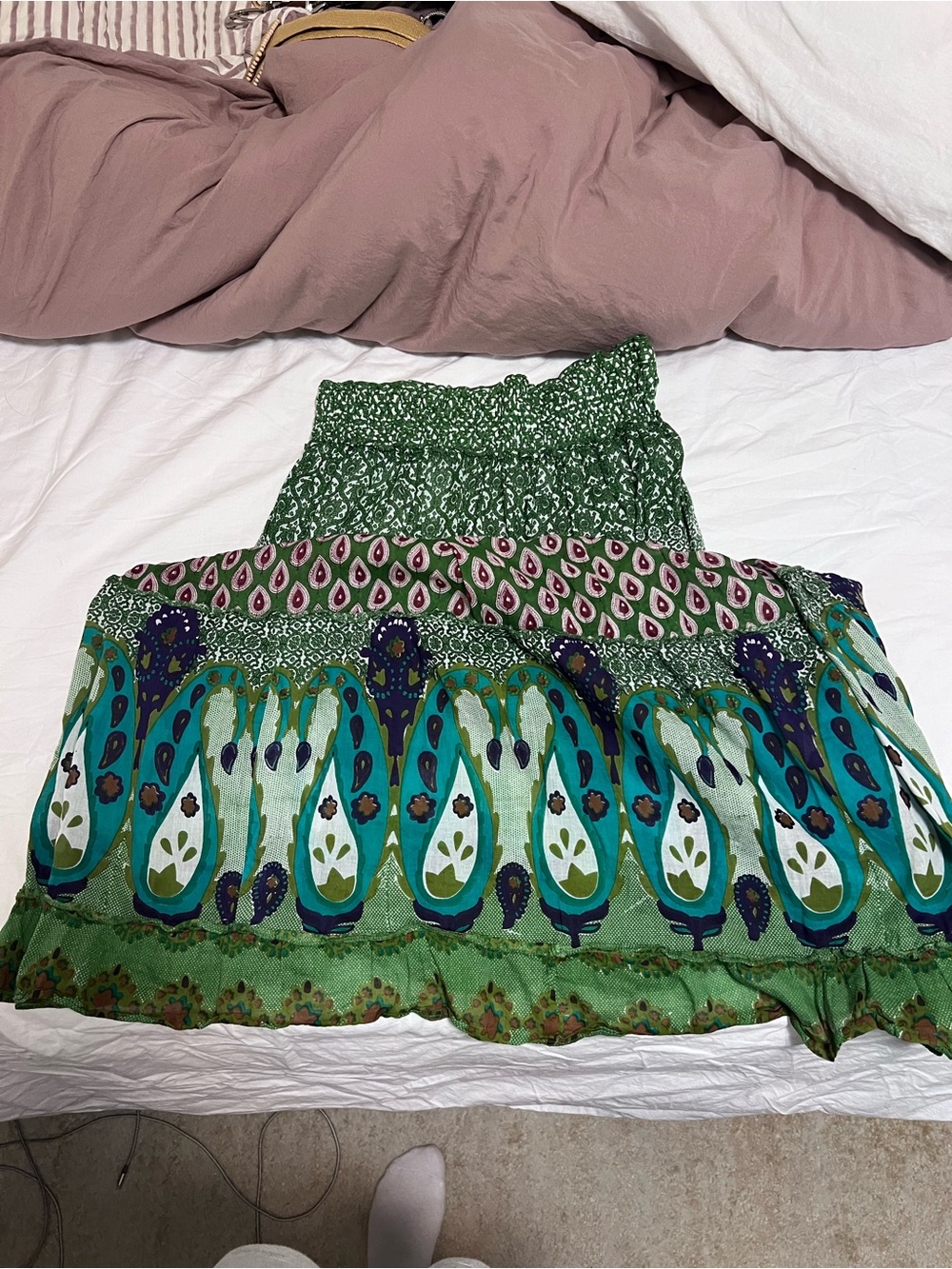 Jasmine Green Mixed-Print Boho Maxi Skirt with Pink Accents - Picture 2 of 3